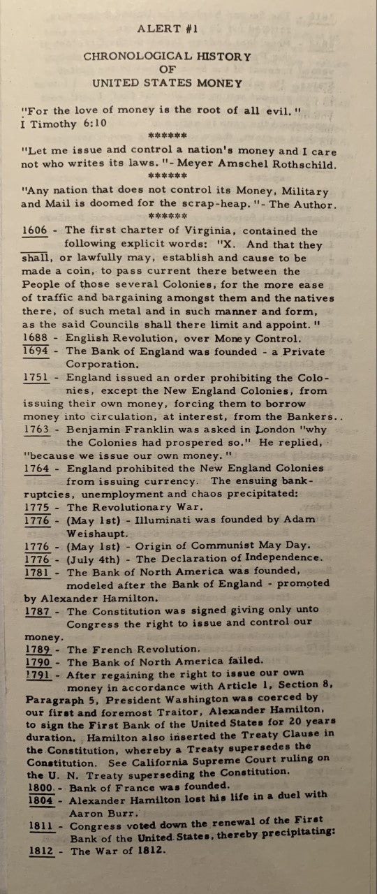CHRONOLOGICAL HISTORY OF UNITED STATES MONEY