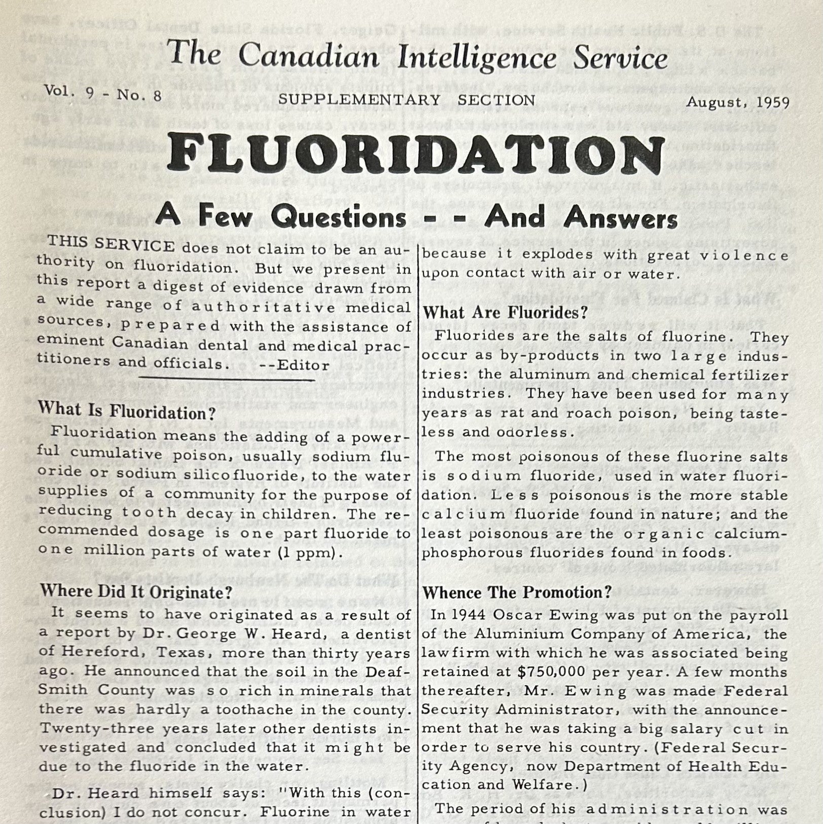 FLUORIDATION A Few Questions and Answers