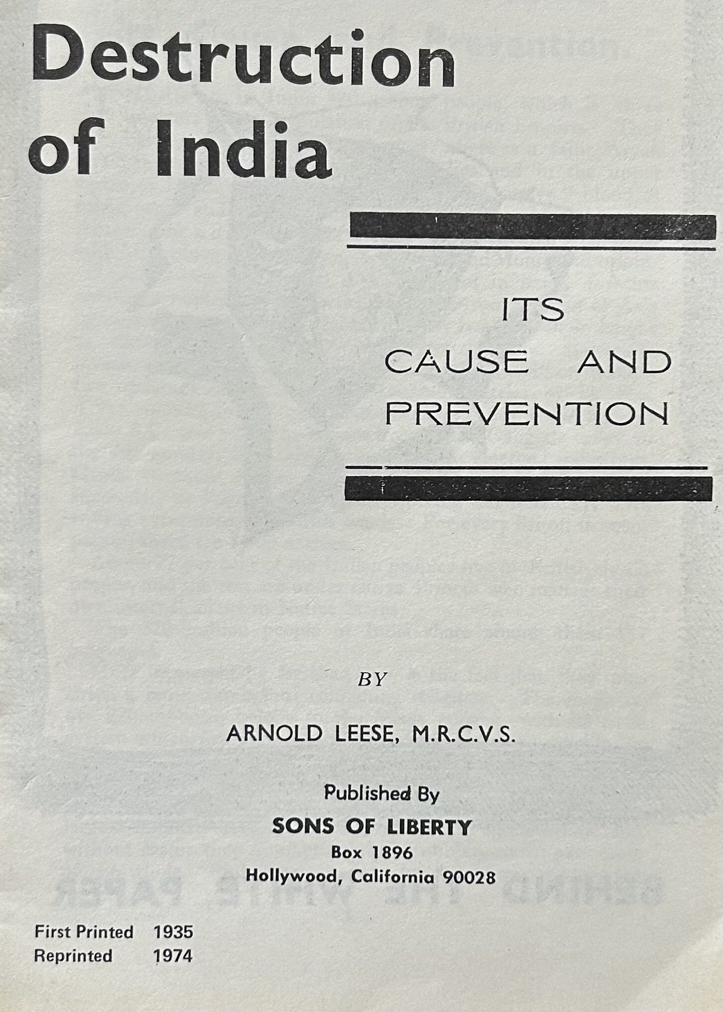 The Destruction of India - Its Cause and Prevention