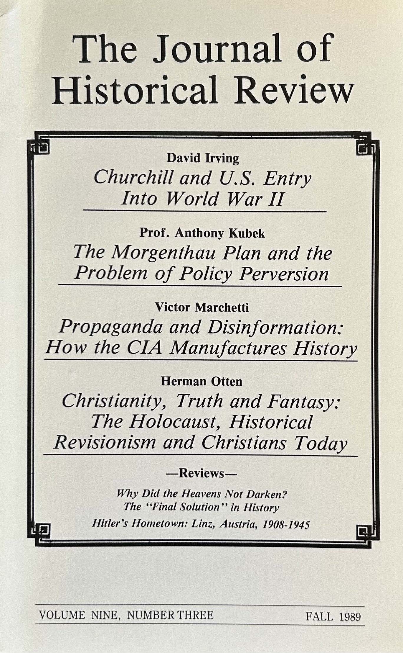 THE JOURNAL OF HISTORICAL REVIEW, Vol 9, #3, Fall 1989