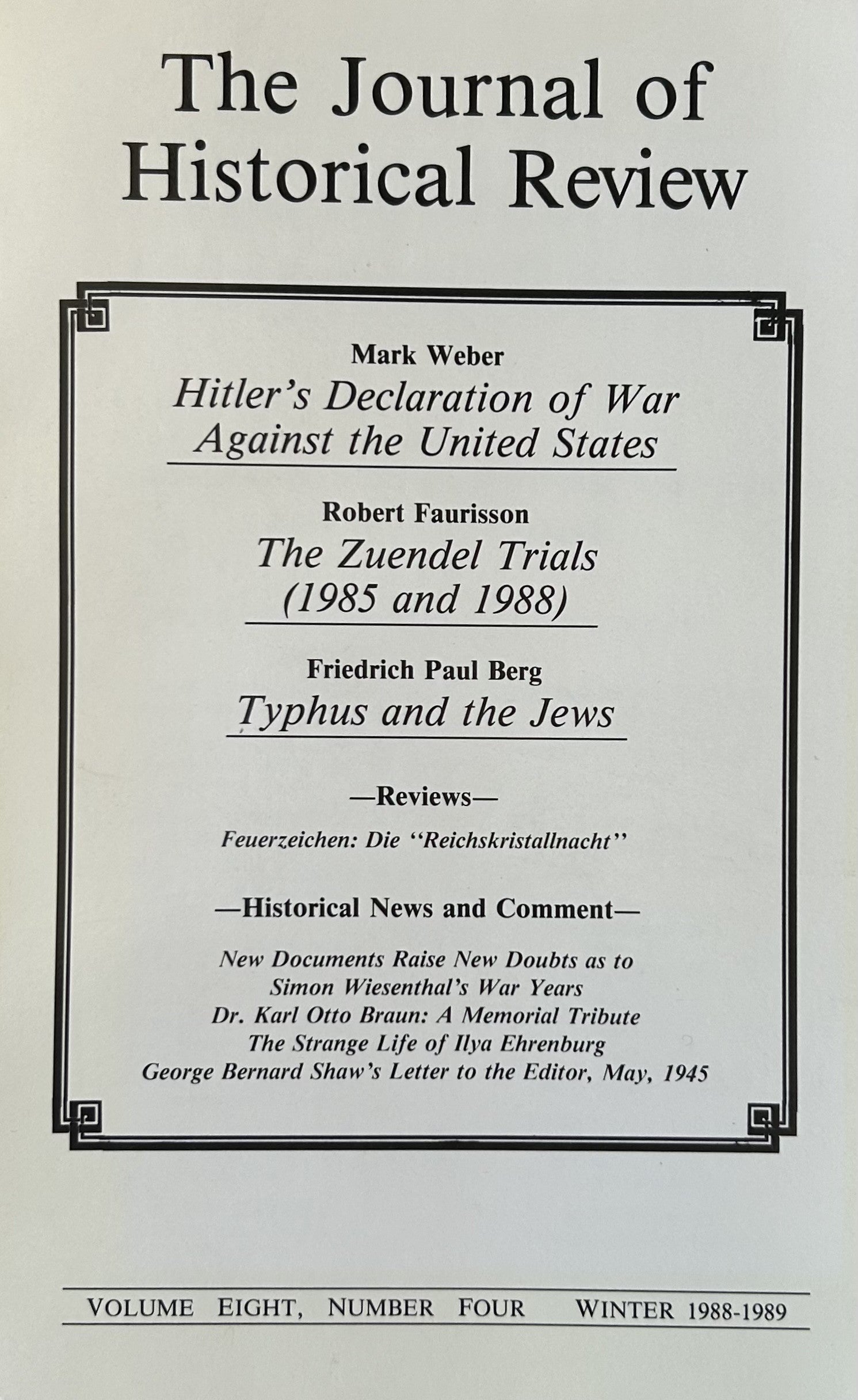 THE JOURNAL OF HISTORICAL REVIEW: Vol 8, No.4, Winter 1988
