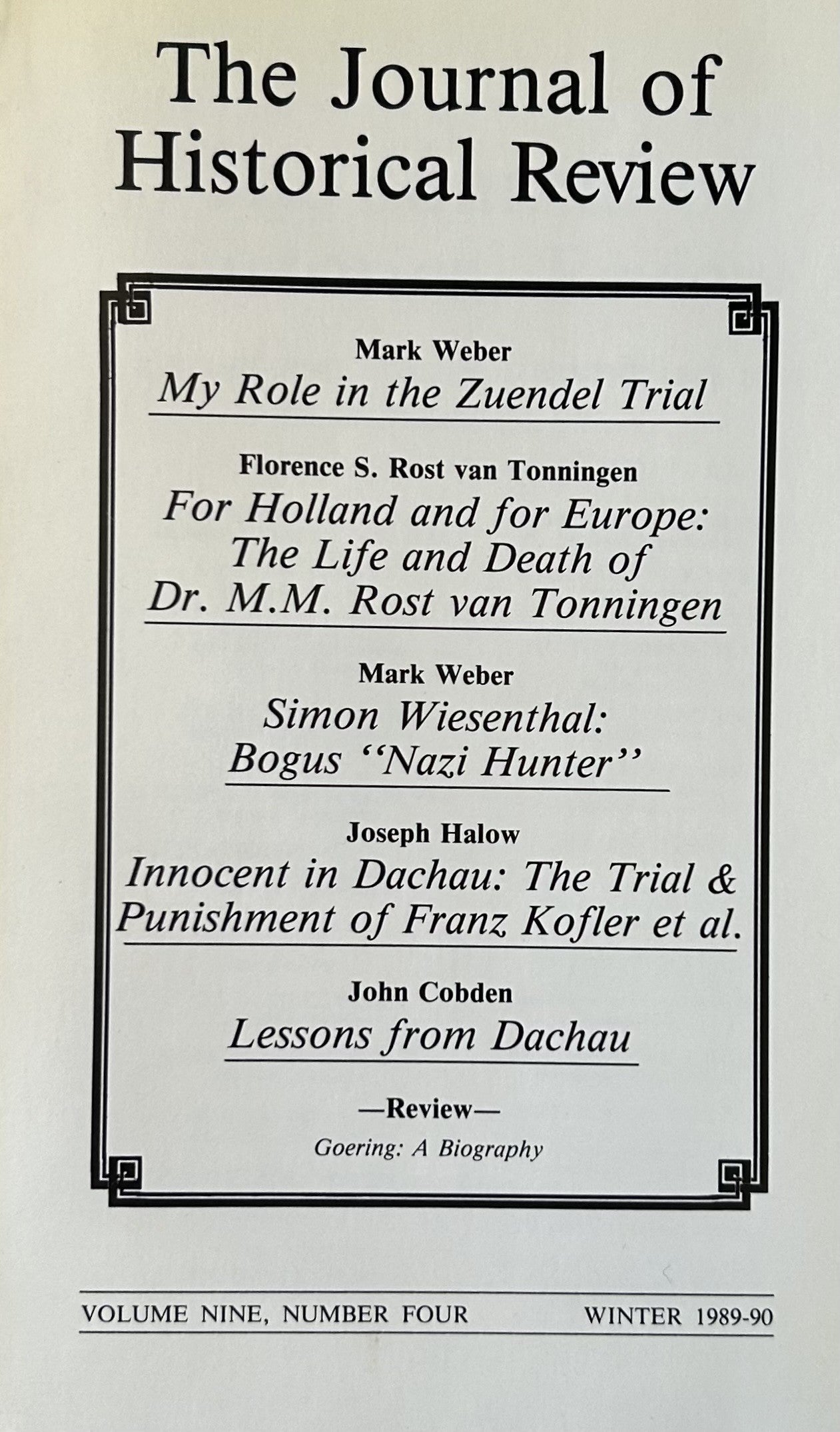 THE JOURNAL OF HISTORICAL REVIEW: Vol 9, No.4, Winter 1989