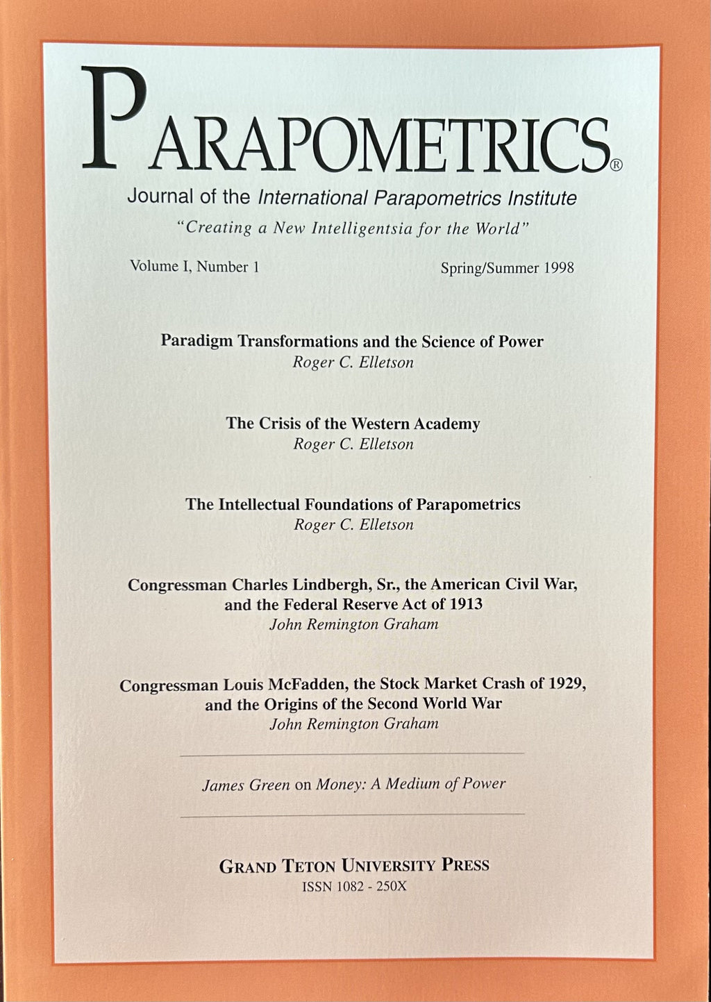 PARAPOMETRICS JOURNAL Vol 1, No.1 Spring/Summer 1998; Misc Money articles