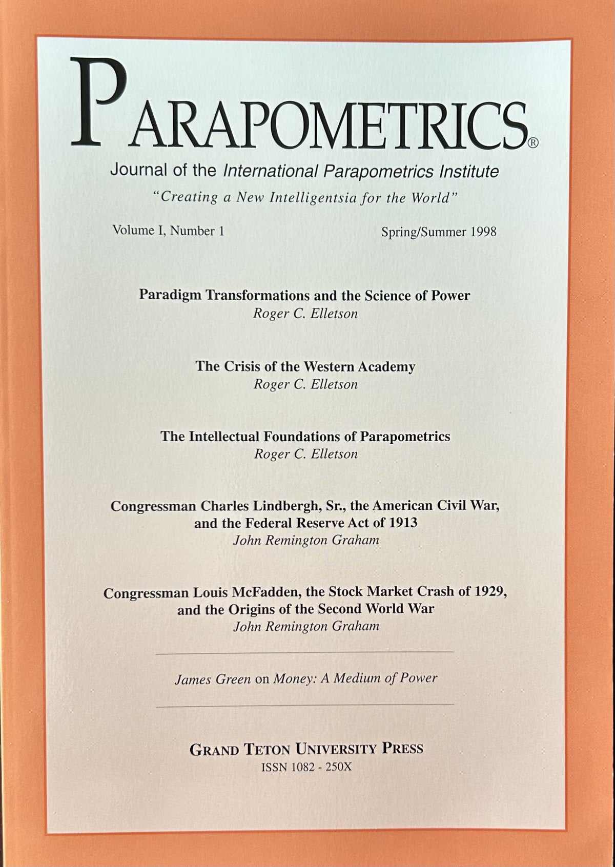 PARAPOMETRICS JOURNAL Vol 1, No.1 Spring/Summer 1998; Misc Money articles
