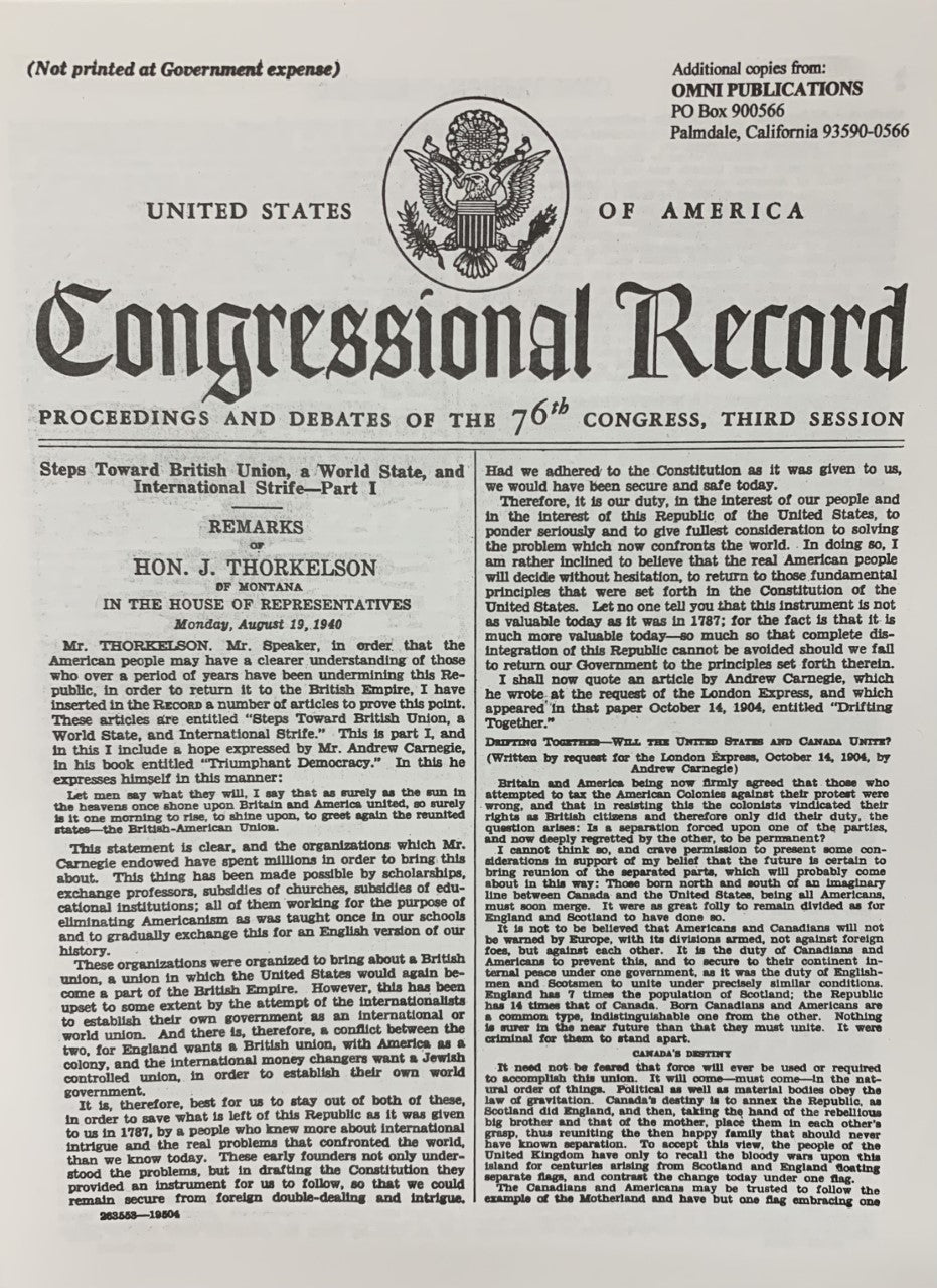 CONGRESSMAN J. THORKELSON SPEECHES