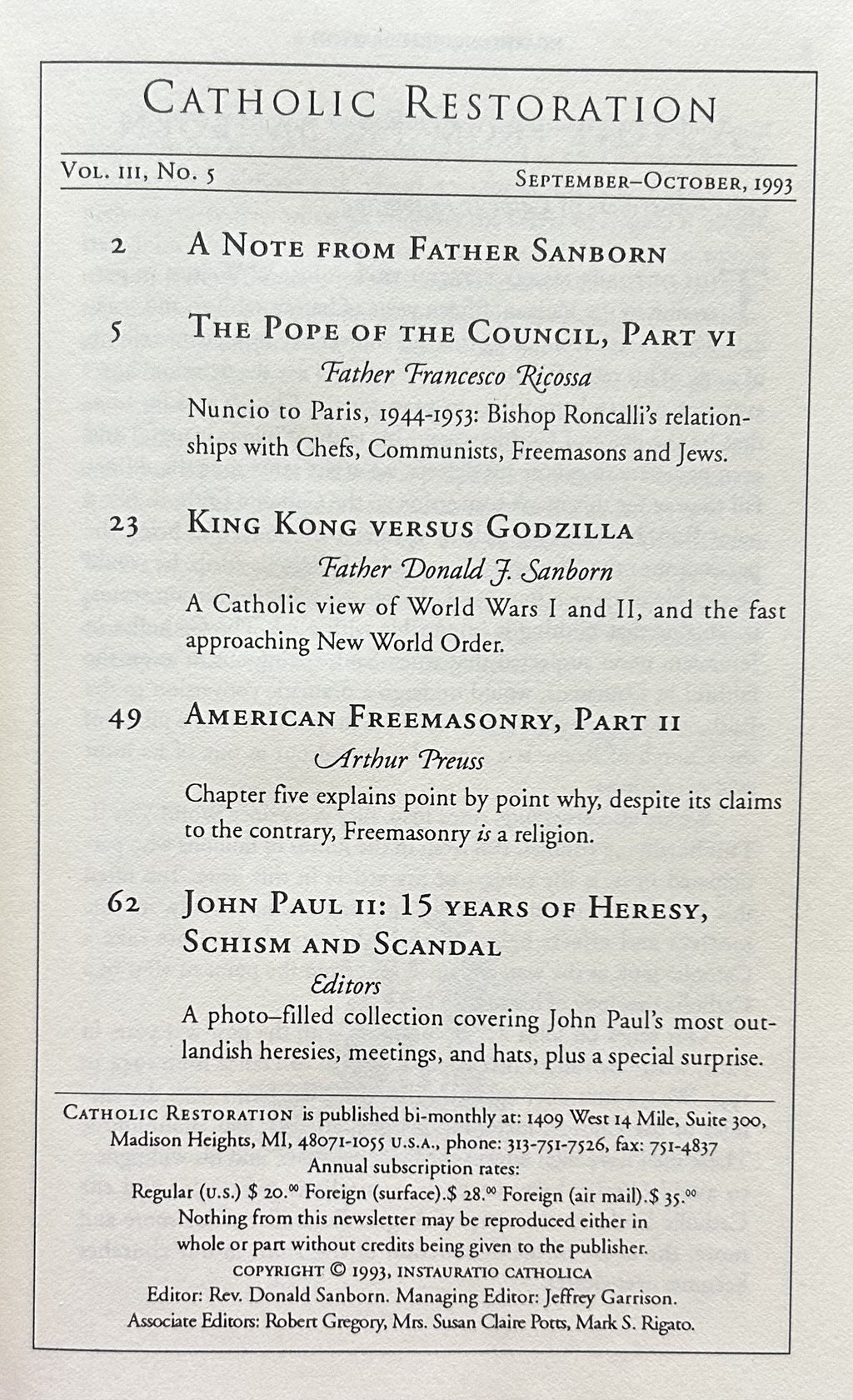 CATHOLIC RESTORATION Vol III, No.3; Sept-Oct 1993