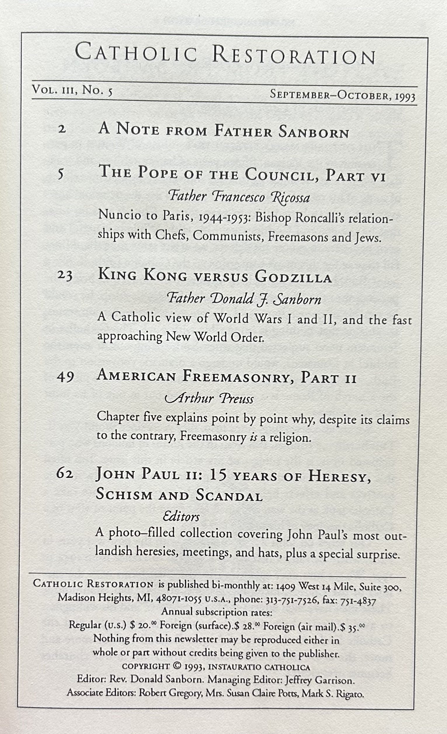 CATHOLIC RESTORATION Vol III, No.3; Sept-Oct 1993