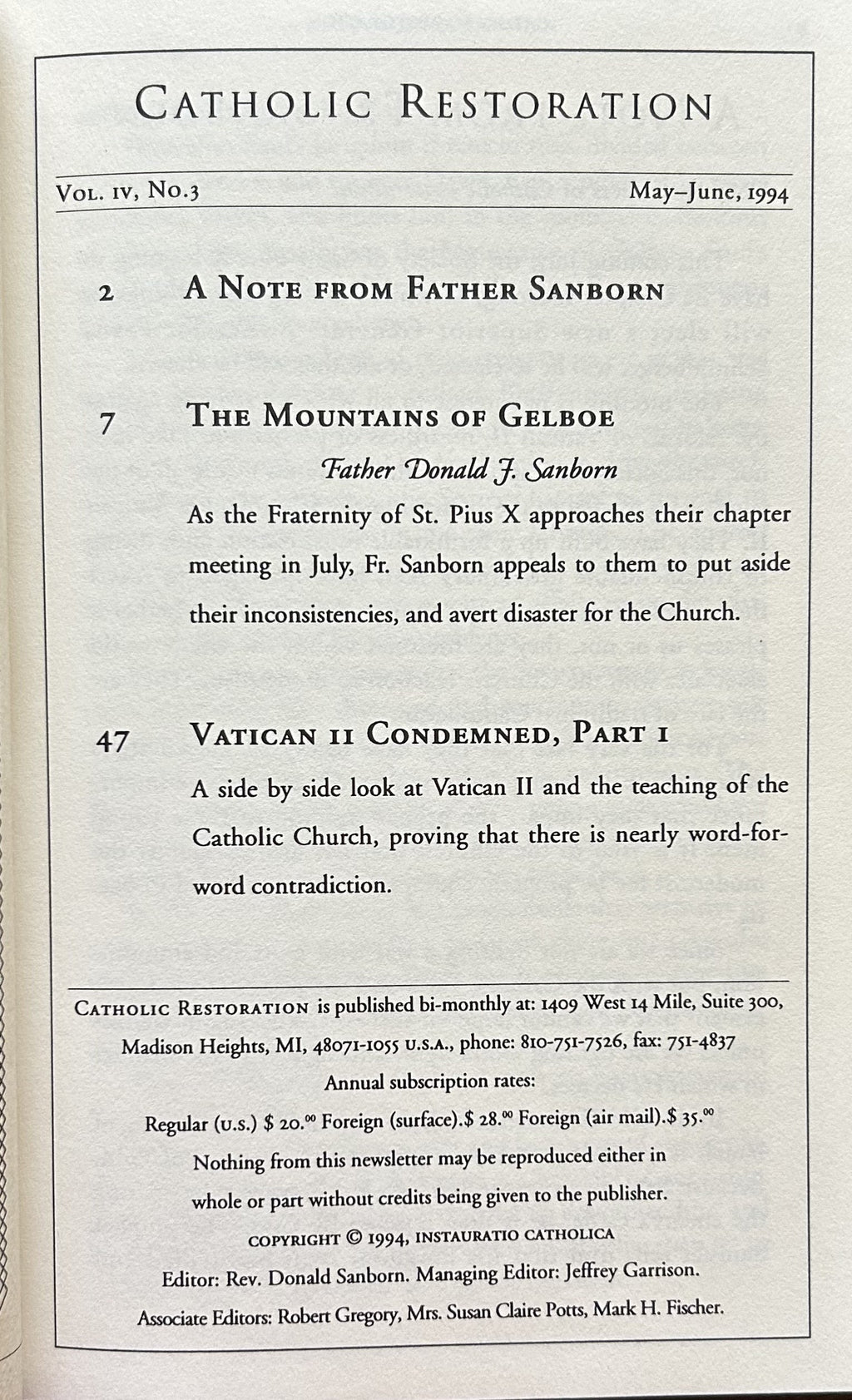 CATHOLIC RESTORATION Vol IV, No.3; May-June 1994