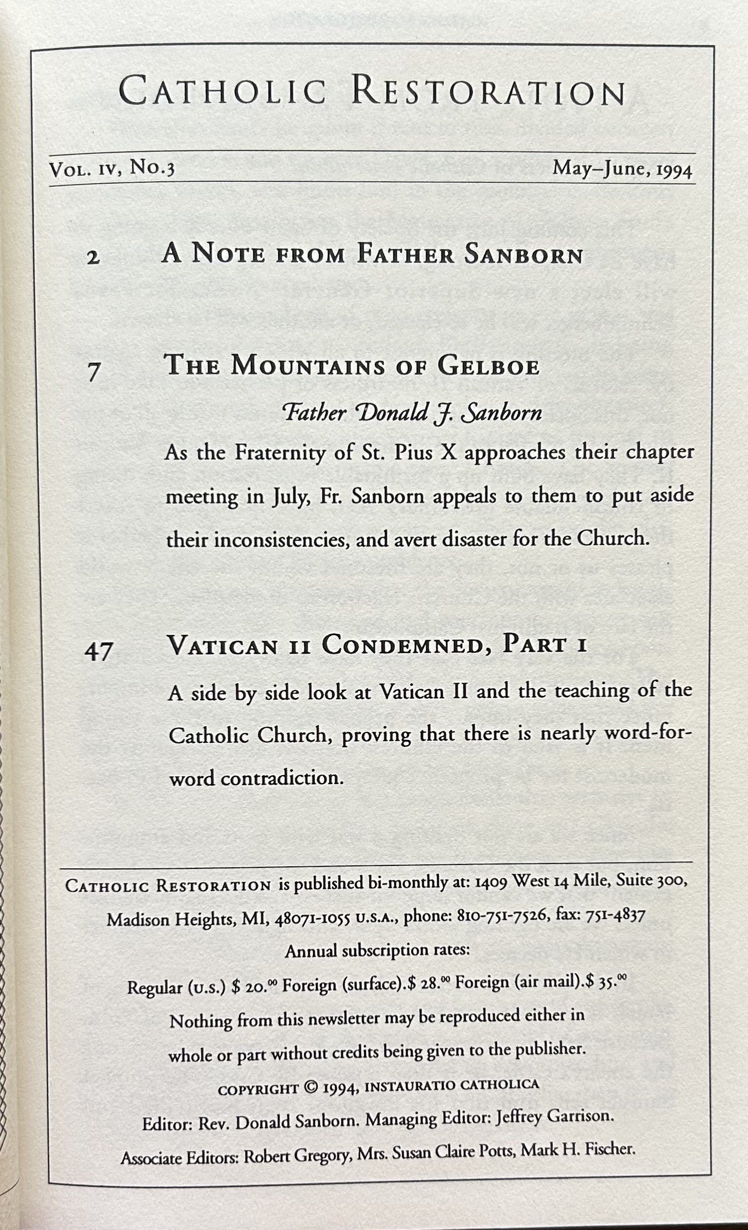 CATHOLIC RESTORATION Vol IV, No.3; May-June 1994