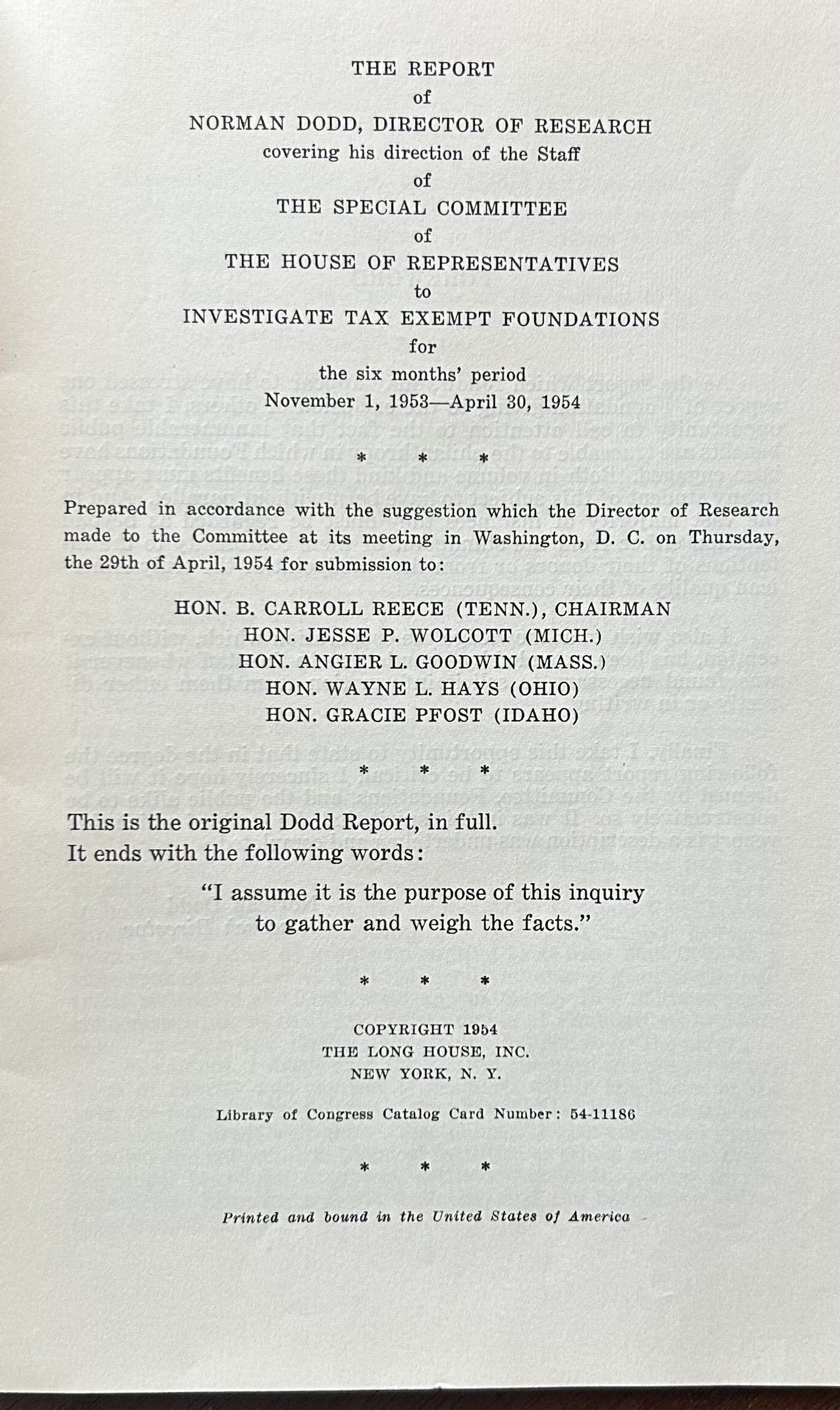 THE DODD REPORT TO THE REECE COMMITTEE ON FOUNDATIONS