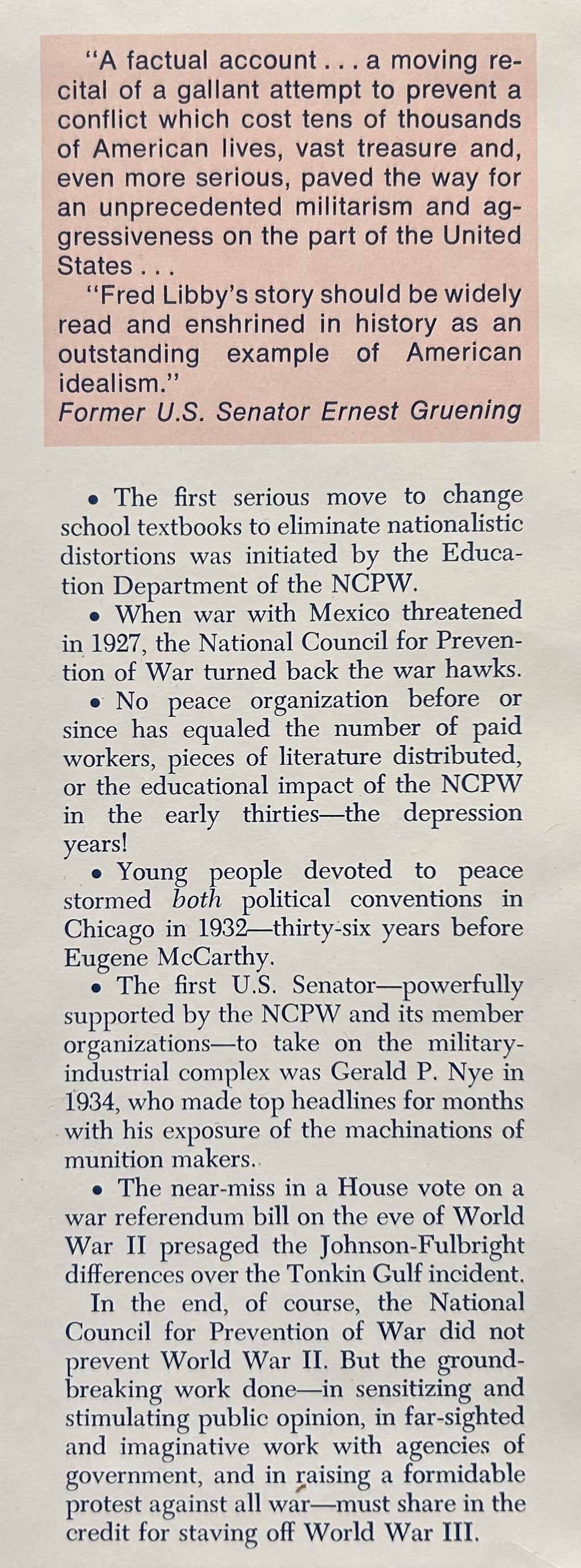 TO END WAR The Story of the National Council for Prevention of War