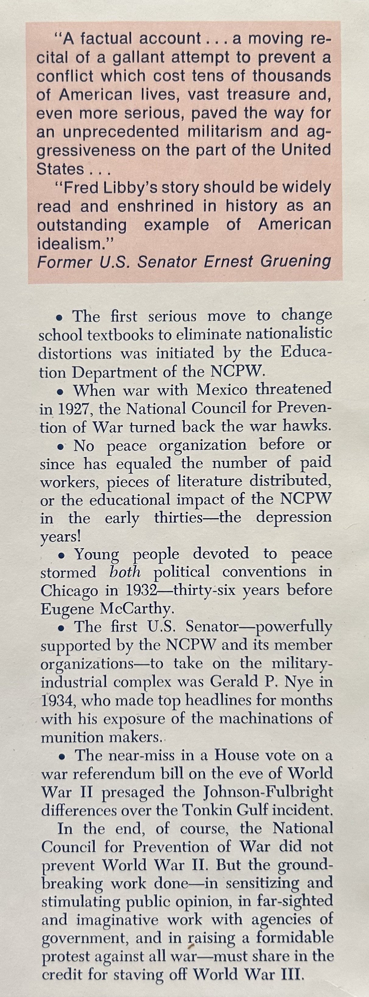 TO END WAR The Story of the National Council for Prevention of War