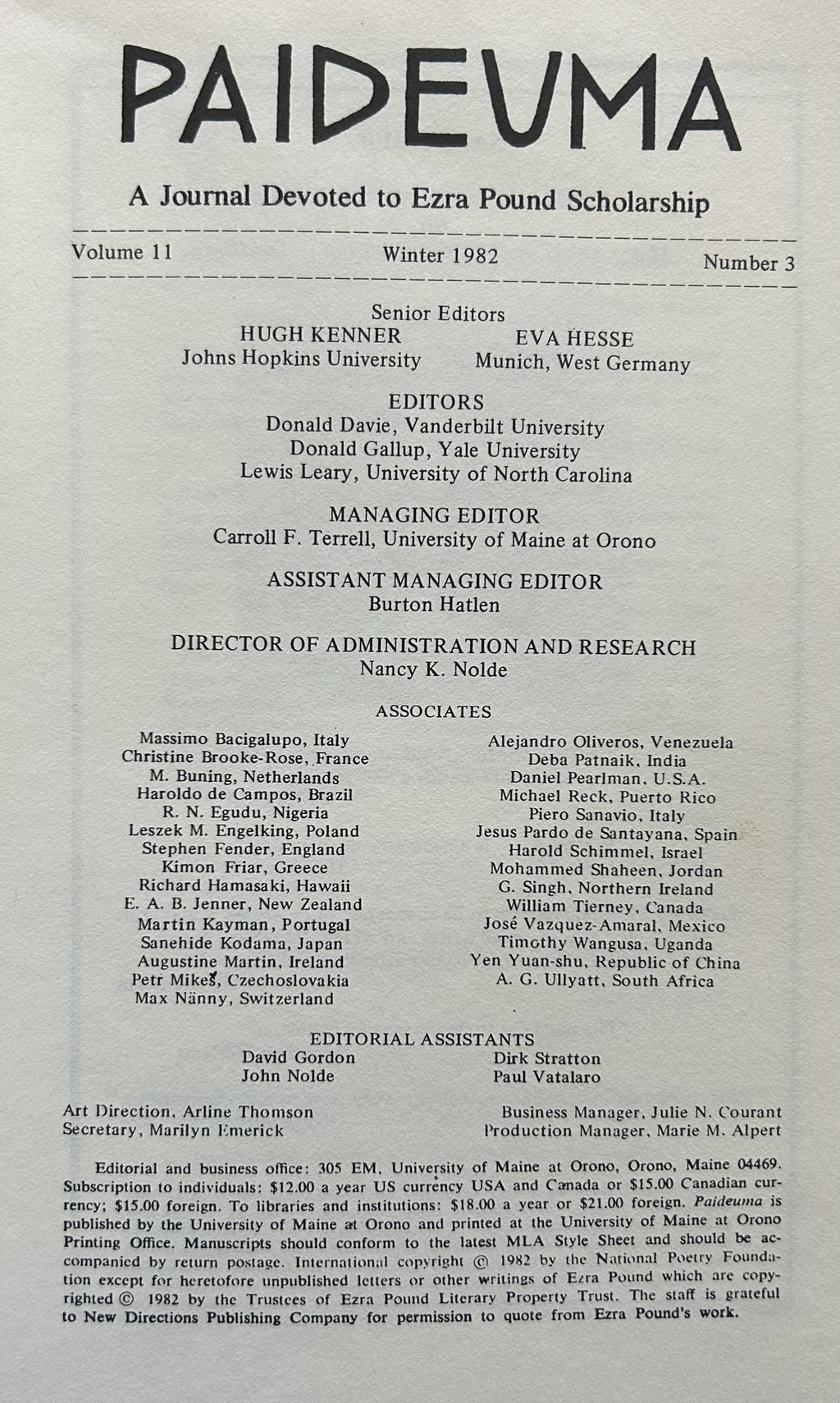 PAIDEUMA Vol 11, No.3, 1982 Journal Devoted to Ezra Pound Scholarship