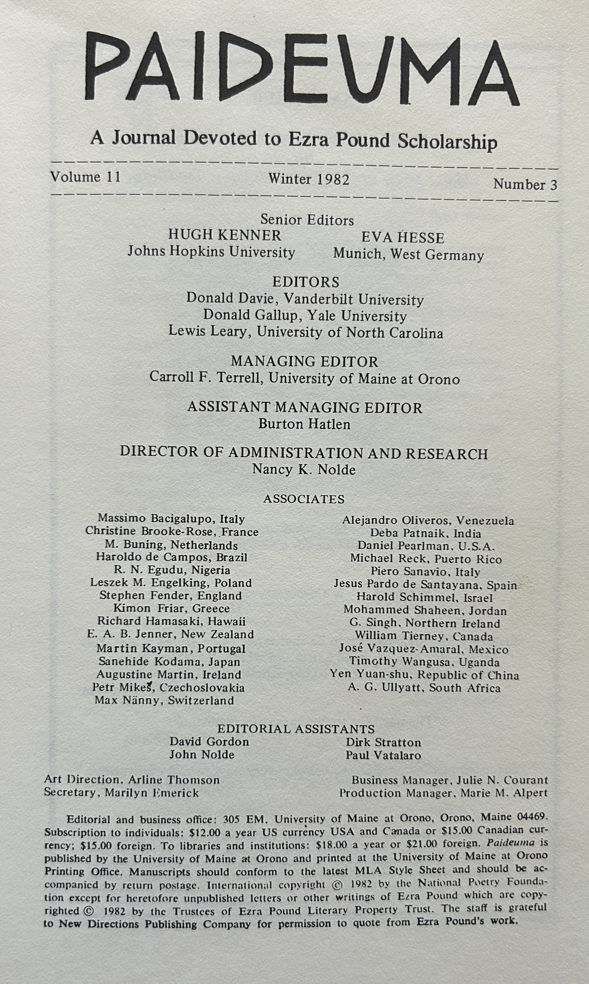 PAIDEUMA Vol 11, No.3, 1982 Journal Devoted to Ezra Pound Scholarship