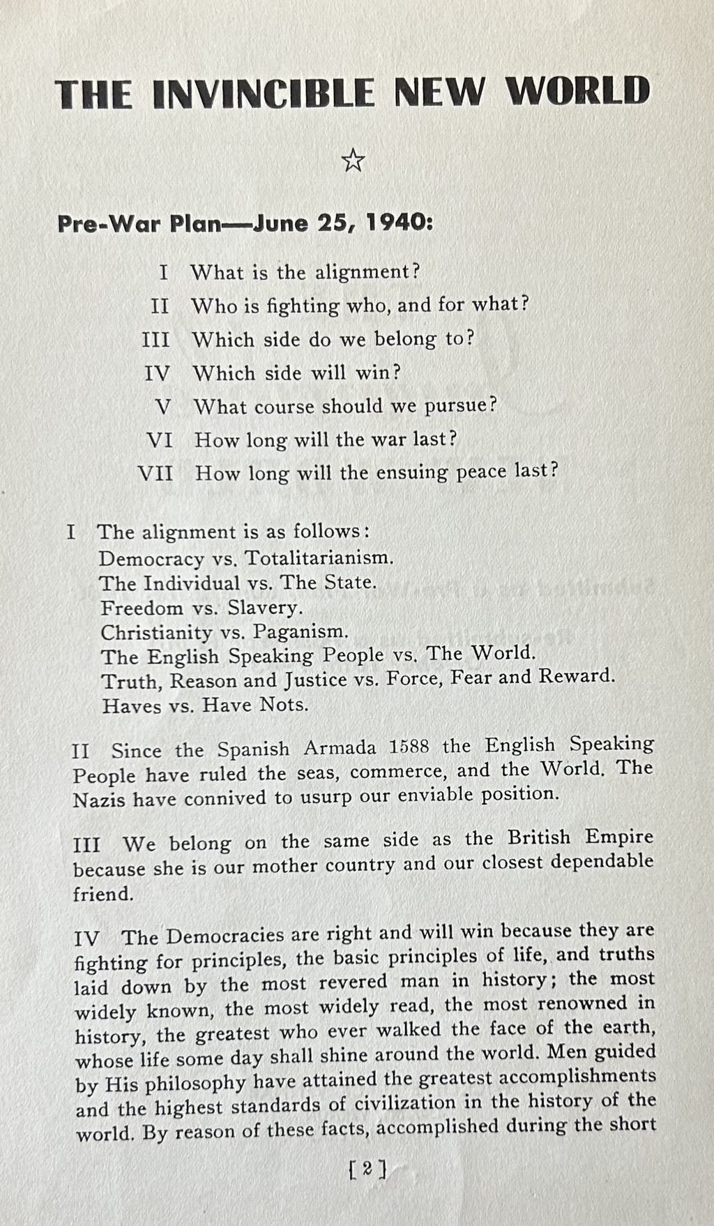 THE INVINCIBLE NEW WORLD (Pre-War Plan of 1940)