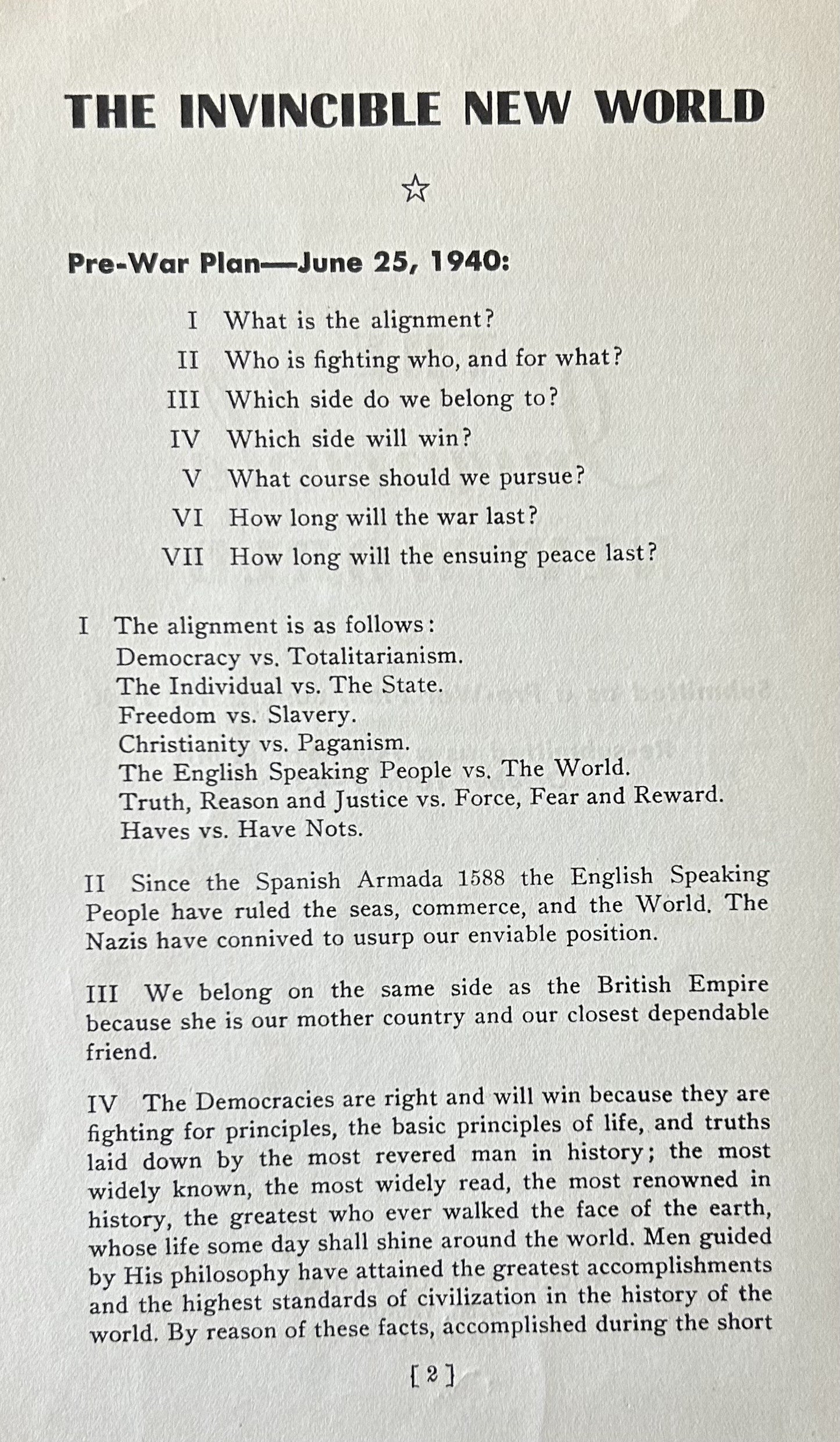 THE INVINCIBLE NEW WORLD (Pre-War Plan of 1940)