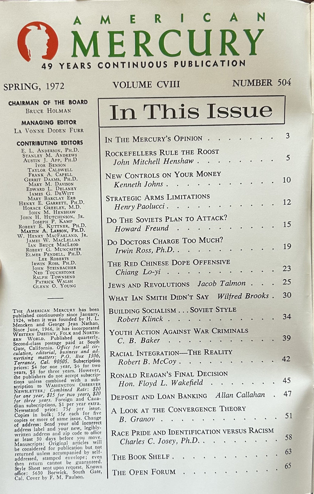 THE AMERICAN MERCURY: Spring 1972, Vol CVIII, No.504