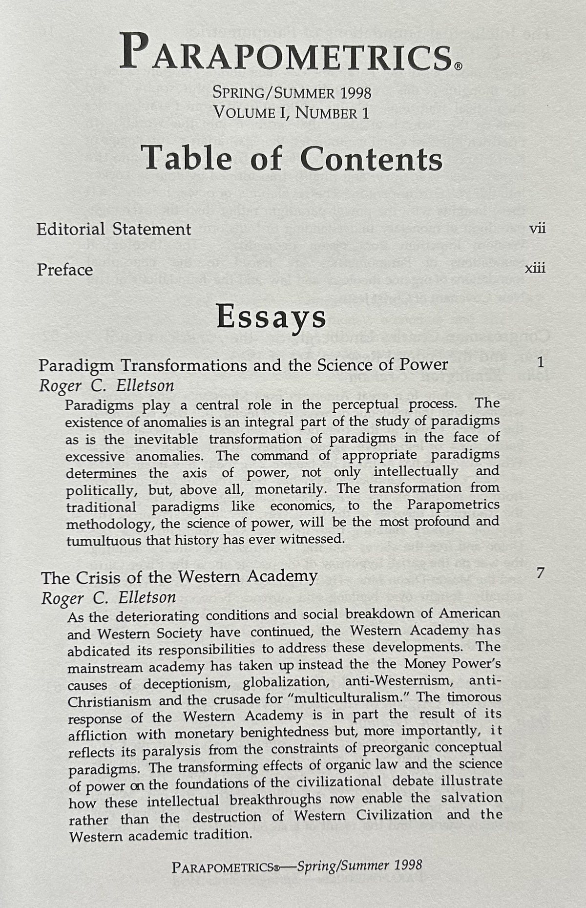 PARAPOMETRICS JOURNAL Vol 1, No.1 Spring/Summer 1998; Misc Money articles