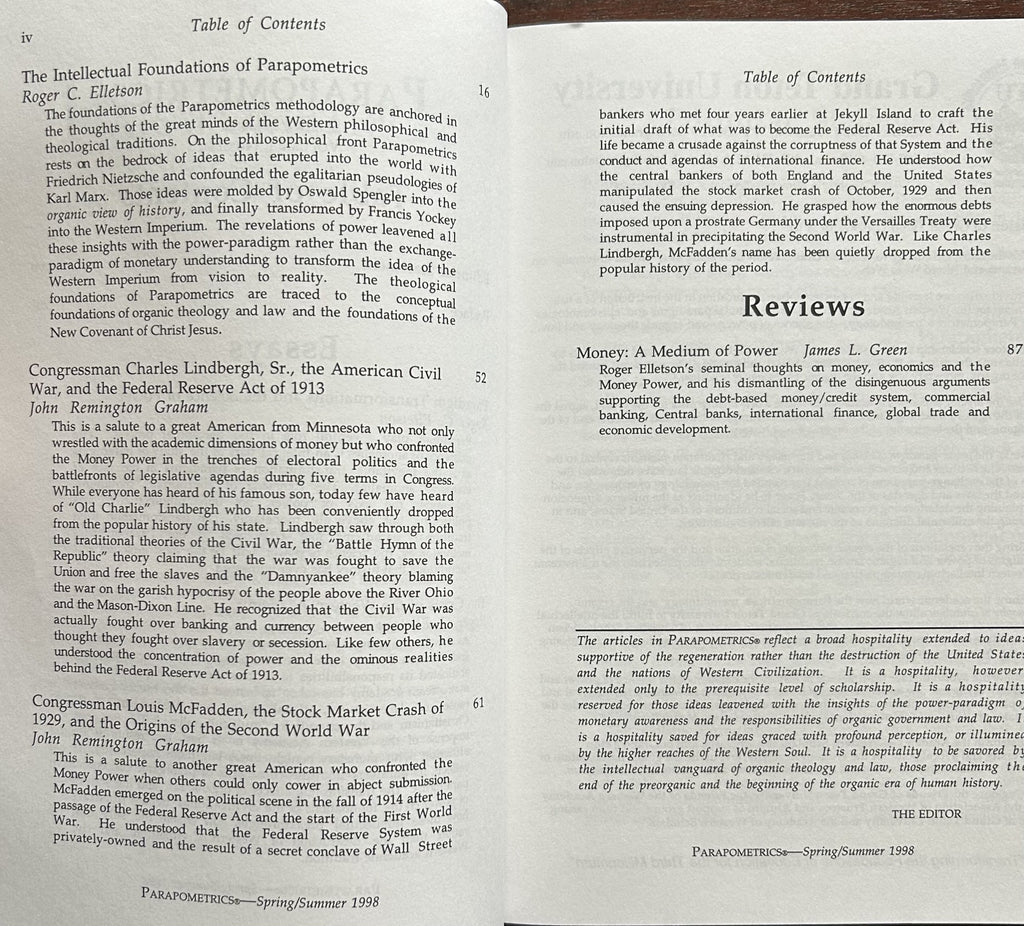 PARAPOMETRICS JOURNAL Vol 1, No.1 Spring/Summer 1998; Misc Money articles