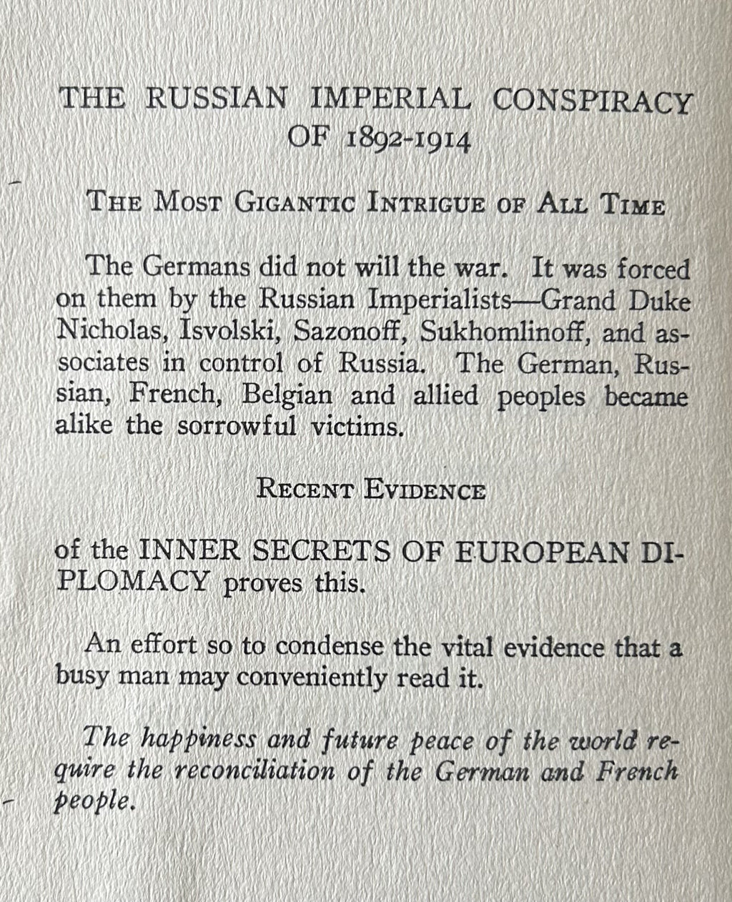 THE RUSSIAN IMPERIAL CONSPIRACY 1892-1914