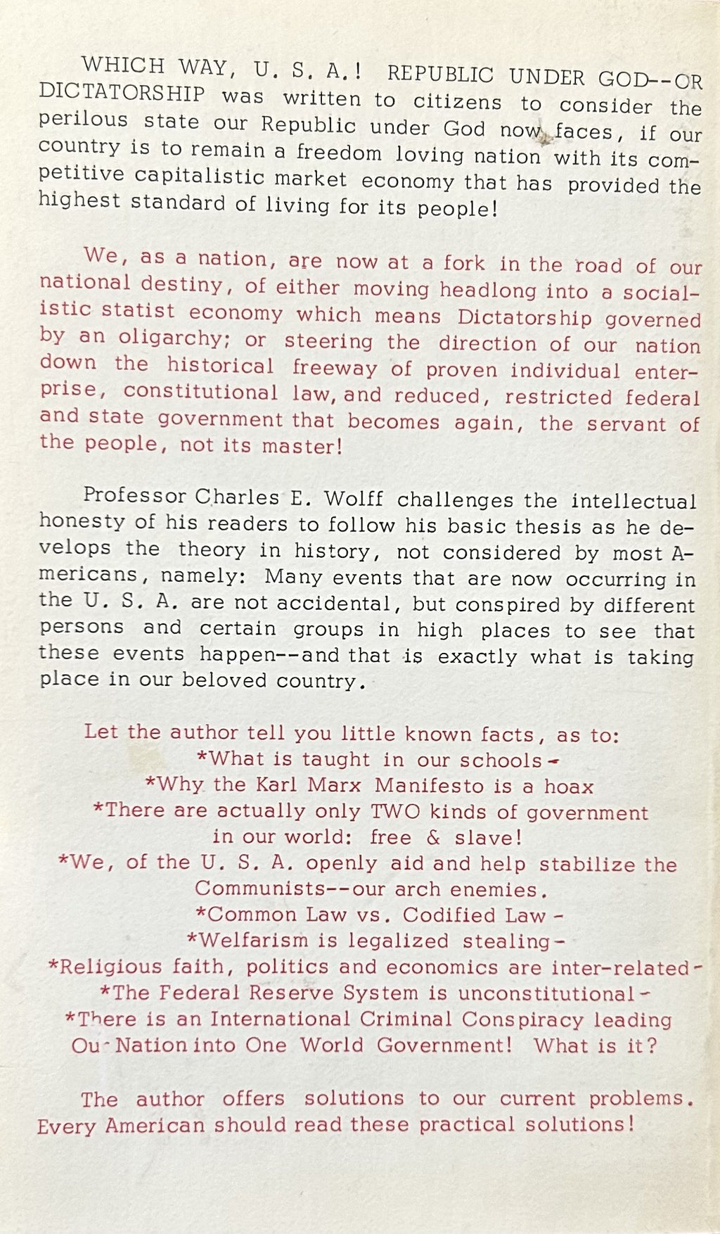 WHICH WAY U.S.A. Republic Under God or Dictatorship?? (Signed & Dated)