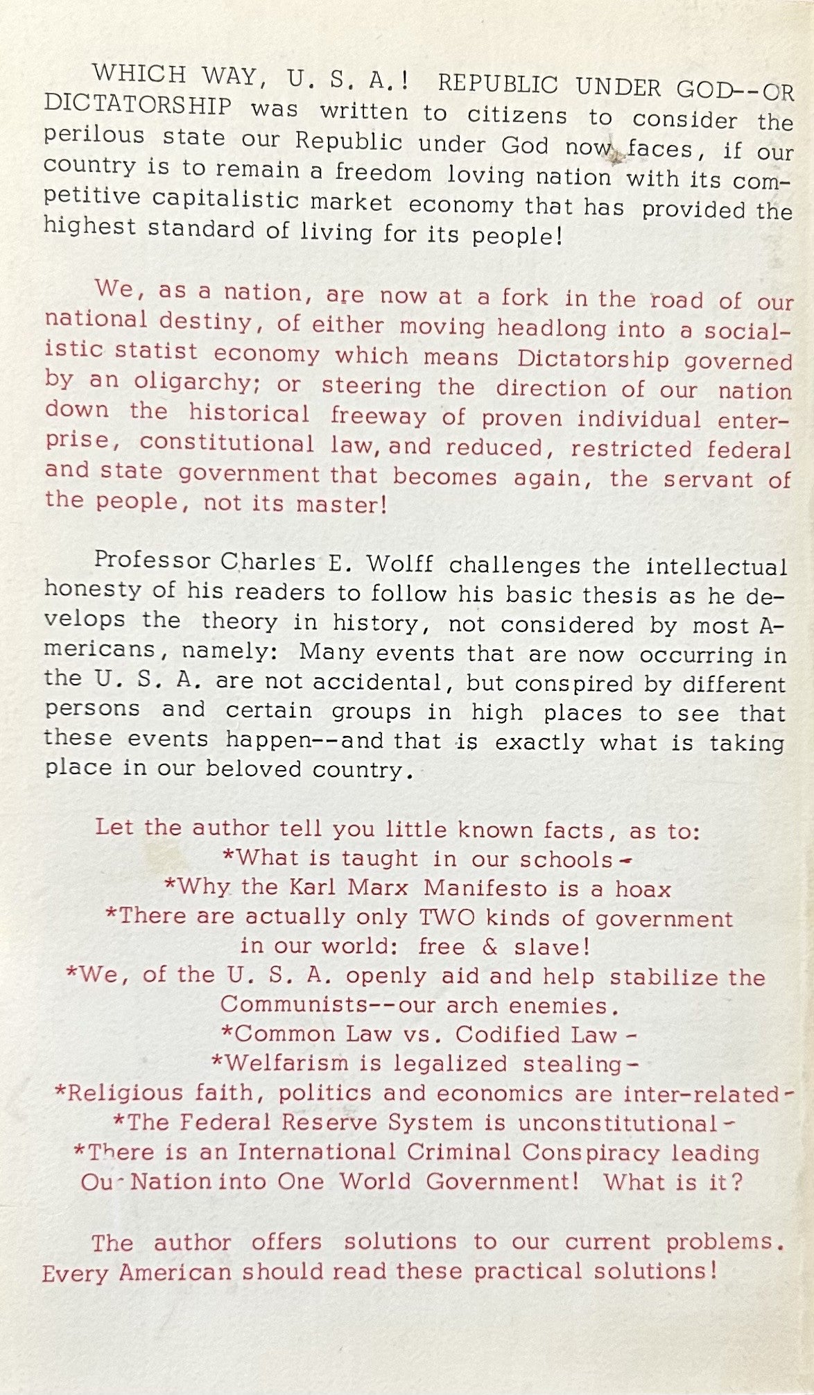 WHICH WAY U.S.A. Republic Under God or Dictatorship?? (Signed & Dated)